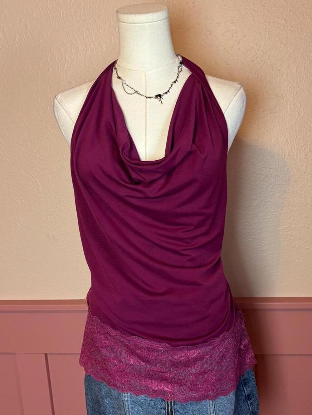 2000s cowl halter lace top 6 degrees magenta purple y2k fairy club
